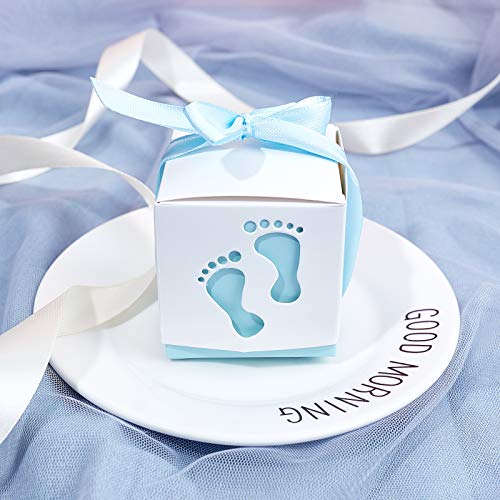 PH PandaHall 60 Sets Baby Shower Favor Boxes, Footprints Paper Gift Boxes Newborn Baby Folding Box with Ribbon for Gender Reveal Party Kindergarten Holiday Birthday Party Gift Favor, 2.4x2.4x2.4 Inch