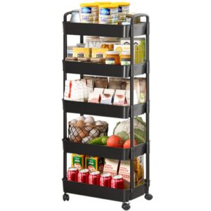 5-tier rolling cart, with 360° rolling lockable wheels and handle, multipurpose utility cart, multifunctional detachable utility storage cart for kitchen living room office-black