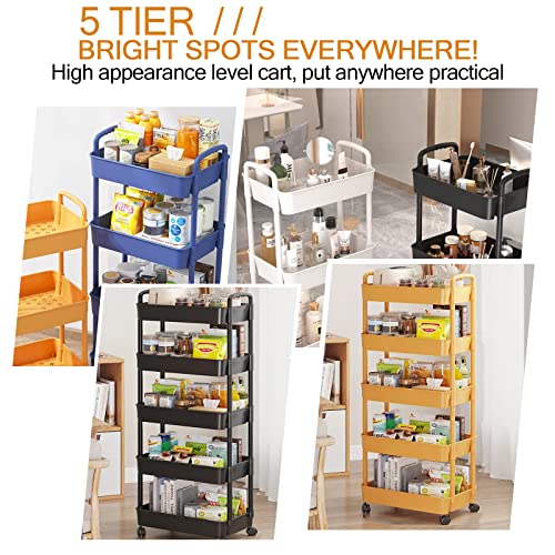 5-Tier Rolling Cart, with 360° Rolling Lockable Wheels and Handle, Multipurpose Utility Cart, Multifunctional Detachable Utility Storage Cart for Kitchen Living Room Office-Black