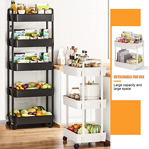 5-Tier Rolling Cart, with 360° Rolling Lockable Wheels and Handle, Multipurpose Utility Cart, Multifunctional Detachable Utility Storage Cart for Kitchen Living Room Office-Black