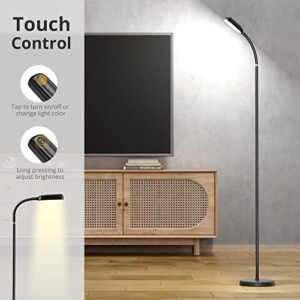 IPARTS EXPERT Smart Floor Lamp, Rechargeable Type-C Cordless Lamp Touch Control LED Standing Light, F Gooseneck ,3 Colors Stepless Dimmable Floor Light for Living Room Bedroom Office (Black)