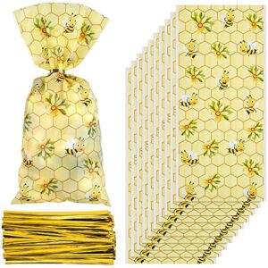 100 pieces bees cellophane bags bees candy bags bees goodie bags bees party treat bags with 150 pieces gold twist ties for party favors