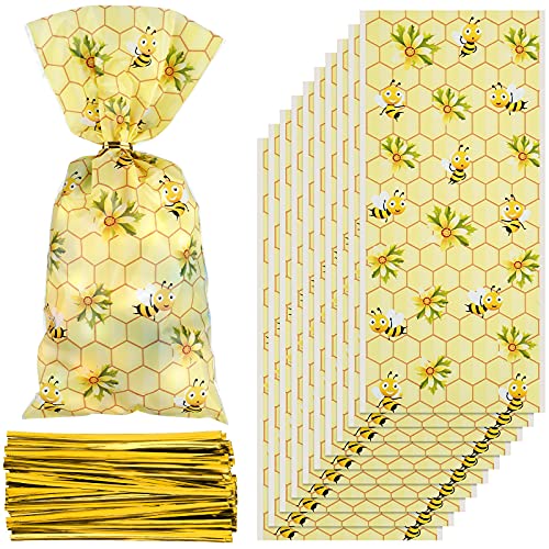 100 Pieces Bees Cellophane Bags Bees Candy Bags Bees Goodie Bags Bees Party Treat Bags with 150 Pieces Gold Twist Ties for Party Favors