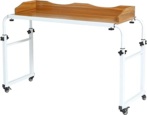UNICOO - Overbed Table with Wheels for Full/Queen/King Beds Height&Width Adjustable Rolling Bed Desk Rolling Medical Table (Ancient Oak - 202)