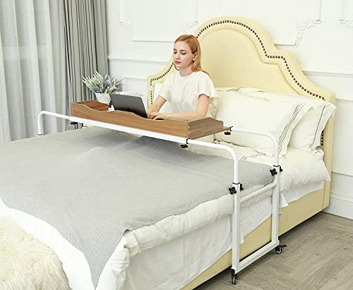 UNICOO - Overbed Table with Wheels for Full/Queen/King Beds Height&Width Adjustable Rolling Bed Desk Rolling Medical Table (Ancient Oak - 202)