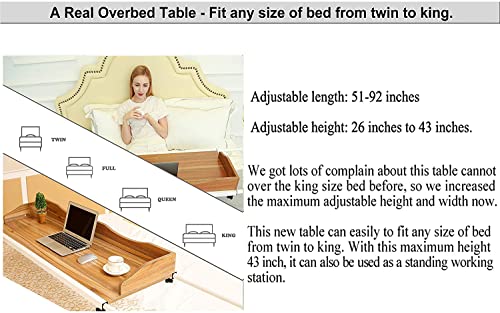 UNICOO - Overbed Table with Wheels for Full/Queen/King Beds Height&Width Adjustable Rolling Bed Desk Rolling Medical Table (Ancient Oak - 202)