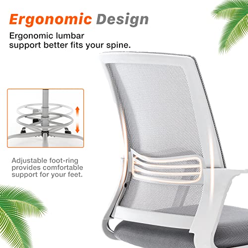 AFO Mid-Back Mesh Tall Office Drafting Stool Chairs with Armrest for Standing Desk, Grey