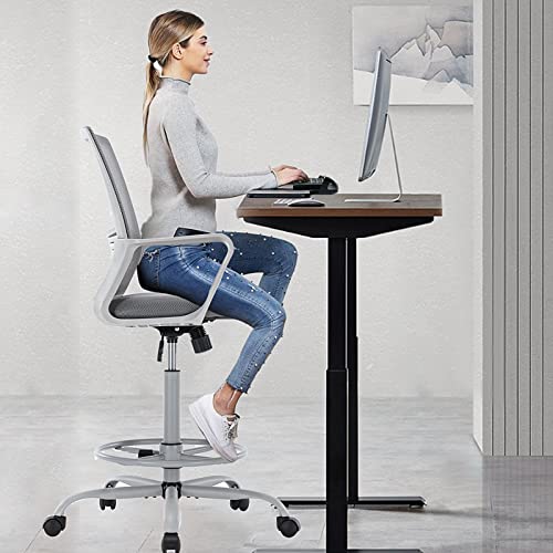 AFO Mid-Back Mesh Tall Office Drafting Stool Chairs with Armrest for Standing Desk, Grey