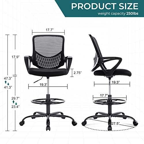 SMUG Tall Drafting, Standing, Counter Office, High Adjustable Ergonomic Mesh Computer Task Chairs with Lumbar Support, Armrests and Foot-Ring for Bar Height Desk, Black