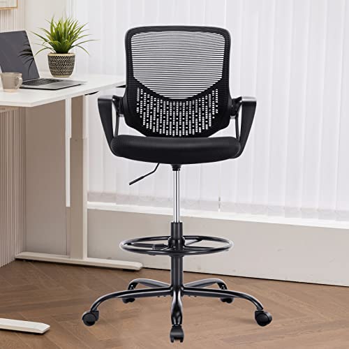SMUG Tall Drafting, Standing, Counter Office, High Adjustable Ergonomic Mesh Computer Task Chairs with Lumbar Support, Armrests and Foot-Ring for Bar Height Desk, Black