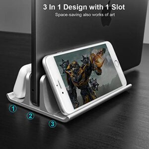 Vertical Laptop Stand Holder Adjustable Desktop Notebook Dock Space-Saving Three-in-one for All MacBook Pro Air, Mac,HP, Dell, Microsoft Surface,Lenovo, up to 17.3 inch Silver