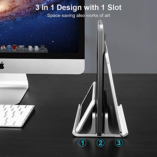 Vertical Laptop Stand Holder Adjustable Desktop Notebook Dock Space-Saving Three-in-one for All MacBook Pro Air, Mac,HP, Dell, Microsoft Surface,Lenovo, up to 17.3 inch Silver