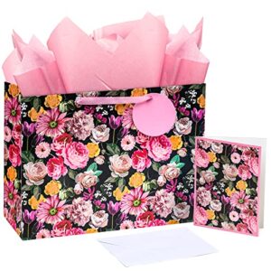 lezakaa 16″ floral gift bag with tissue paper, gift tag and card, black large gift bag with flower design for shopping, wedding, mother’s day