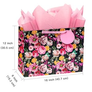 LeZakaa 16" Floral Gift Bag with Tissue Paper, Gift Tag and Card, Black Large Gift Bag with Flower Design for Shopping, Wedding, Mother's Day