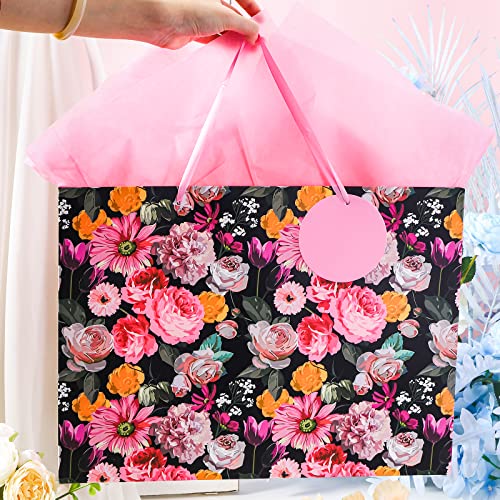 LeZakaa 16" Floral Gift Bag with Tissue Paper, Gift Tag and Card, Black Large Gift Bag with Flower Design for Shopping, Wedding, Mother's Day