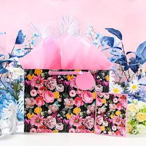 LeZakaa 16" Floral Gift Bag with Tissue Paper, Gift Tag and Card, Black Large Gift Bag with Flower Design for Shopping, Wedding, Mother's Day