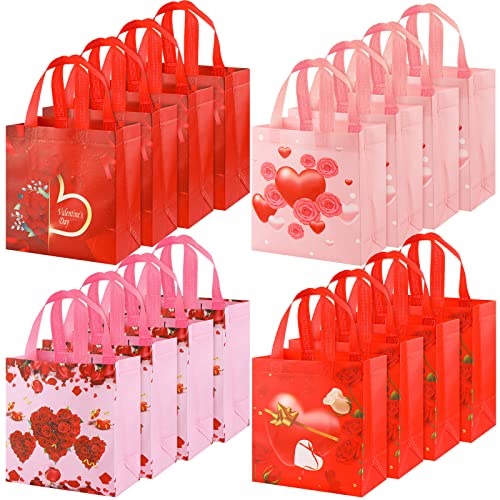Valentines Day Gift Bags Reusable Shopping Bag Heart Rose Valentine Tote Bag Non Woven Treat Bags with Handles for Valentine's Day Wedding Party Supplies Gifts Wrapping, 9 x 8.7 x 4 Inch (16 Pieces)