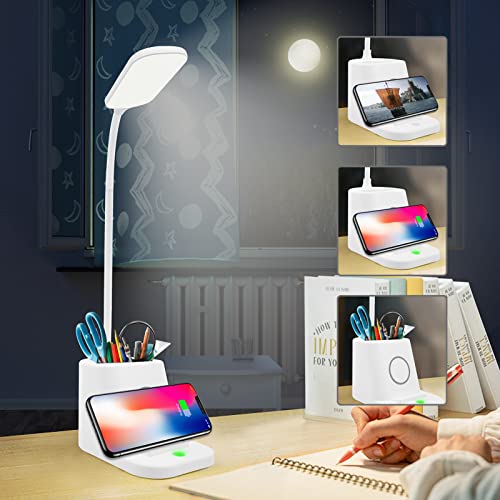 LED Desk Lamp with Wireless Charger and Organizer,Home Office Touch Reading Lamp with Pen Holder/Storage,Stepless Dimming 3 Color Modes,360°Flexible Gooseneck Eye Caring Desk Light-Study/College Dorm