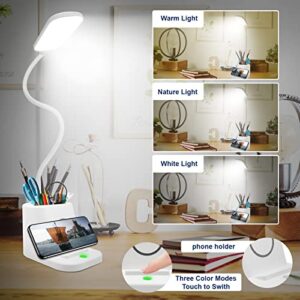 LED Desk Lamp with Wireless Charger and Organizer,Home Office Touch Reading Lamp with Pen Holder/Storage,Stepless Dimming 3 Color Modes,360°Flexible Gooseneck Eye Caring Desk Light-Study/College Dorm