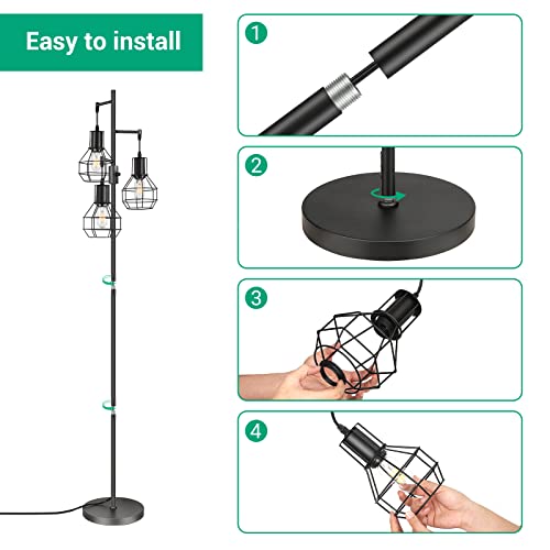 EDISHINE Industrial Floor Lamp, Dimmable Farmhouse Standing Lamp for Living Room, Sturdy Base, Rustic Tall Tree Reading Lamps Home Decor for Bedroom, Office, Black (3 LED Edison Bulbs Included)