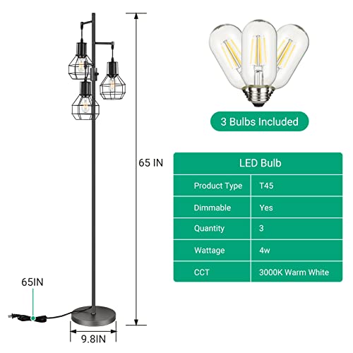 EDISHINE Industrial Floor Lamp, Dimmable Farmhouse Standing Lamp for Living Room, Sturdy Base, Rustic Tall Tree Reading Lamps Home Decor for Bedroom, Office, Black (3 LED Edison Bulbs Included)