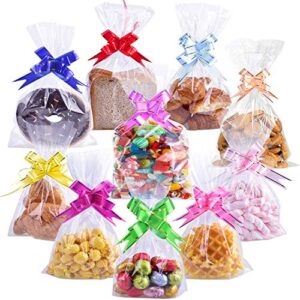 100pcs clear cellophane treat bags 8″ x 12″ clear resealable flat cello bags sweet party gift bags opp plastic bag with 100pcs mix colors ribbons bows for bakery, popcorn, cookies, candies, dessert