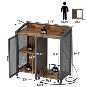 Unikito 3-Tier Lateral Office Filing Cabinets with Socket and USB Charging Port, Modern Printer Stand and Paper Shredder Stand Rack with Wheels and Open Storage Shelves for Home Office, Rustic Brown