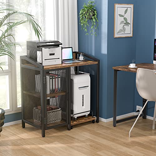 Unikito 3-Tier Lateral Office Filing Cabinets with Socket and USB Charging Port, Modern Printer Stand and Paper Shredder Stand Rack with Wheels and Open Storage Shelves for Home Office, Rustic Brown