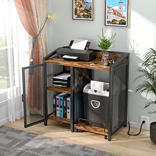 Unikito 3-Tier Lateral Office Filing Cabinets with Socket and USB Charging Port, Modern Printer Stand and Paper Shredder Stand Rack with Wheels and Open Storage Shelves for Home Office, Rustic Brown