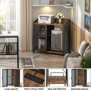 Unikito 3-Tier Lateral Office Filing Cabinets with Socket and USB Charging Port, Modern Printer Stand and Paper Shredder Stand Rack with Wheels and Open Storage Shelves for Home Office, Rustic Brown