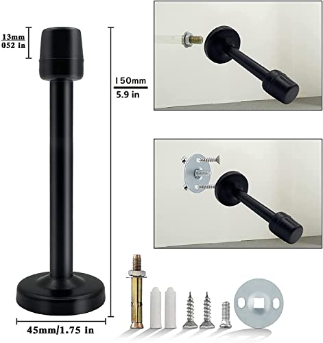 Door Stopper, 6 Inch Door Stop Extra Long, Brushed Stainless, Wall Mount Modern Heavy Duty Rigid Door Holder Protector Metal Black Long Doorstop with Soft Rubber Bumper