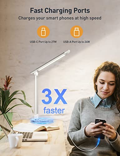 Desk Lamp, Dimmable Desk Light with USB Charging Port, Led Desk Lamp with 10 Brightness Levels & 5 Color Temperature, Touch Control, Adjustable Arm, Eye-Caring for Home Office Bedroom Reading