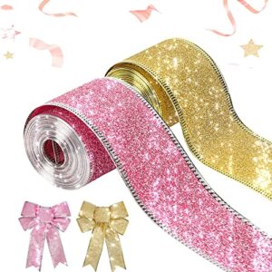 wired ribbon christmas ribbon wired edge 2”x 60 ft(2 rolls x 30ft) glitter ribbon for gift wrapping christmas tree ribbon valentine‘s day party decor wreath bows crafting supplies(gold, pink)