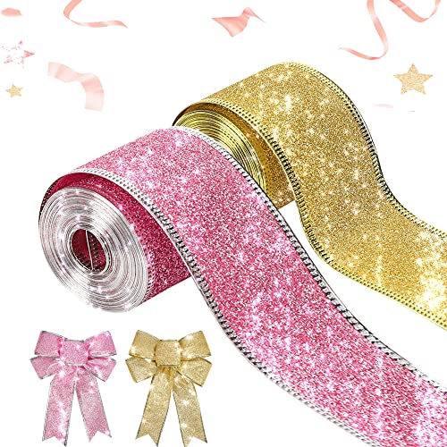 Wired Ribbon Christmas Ribbon Wired Edge 2”x 60 ft(2 Rolls x 30ft) Glitter Ribbon for Gift Wrapping Christmas Tree Ribbon Valentine‘s Day Party Decor Wreath Bows Crafting Supplies(Gold, Pink)