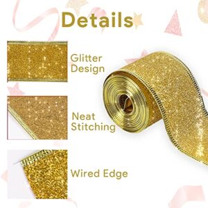 Wired Ribbon Christmas Ribbon Wired Edge 2”x 60 ft(2 Rolls x 30ft) Glitter Ribbon for Gift Wrapping Christmas Tree Ribbon Valentine‘s Day Party Decor Wreath Bows Crafting Supplies(Gold, Pink)