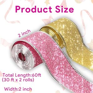 Wired Ribbon Christmas Ribbon Wired Edge 2”x 60 ft(2 Rolls x 30ft) Glitter Ribbon for Gift Wrapping Christmas Tree Ribbon Valentine‘s Day Party Decor Wreath Bows Crafting Supplies(Gold, Pink)