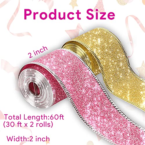 Wired Ribbon Christmas Ribbon Wired Edge 2”x 60 ft(2 Rolls x 30ft) Glitter Ribbon for Gift Wrapping Christmas Tree Ribbon Valentine‘s Day Party Decor Wreath Bows Crafting Supplies(Gold, Pink)