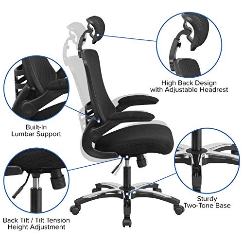 Flash Furniture Kelista High-Back Black Mesh Swivel Ergonomic Executive Office Chair with Flip-Up Arms and Adjustable Headrest