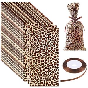 100 pieces leopard print treat bags leopard candy bags easy to seal animal print cellophane cookie bags with 1 roll brown fabric ribbon for zoo or jungle party supplies