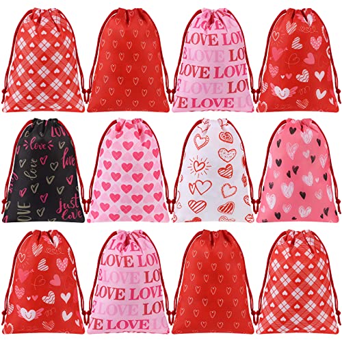 24 Pcs Wedding Gift Bags Wedding Drawstring Bags Heart Print Present Wrapping Bags Pink Candy Wedding Cookie Snacks Bags for Valentine's Day, Bridal Shower, Anniversary, Mother's Day Party Favors