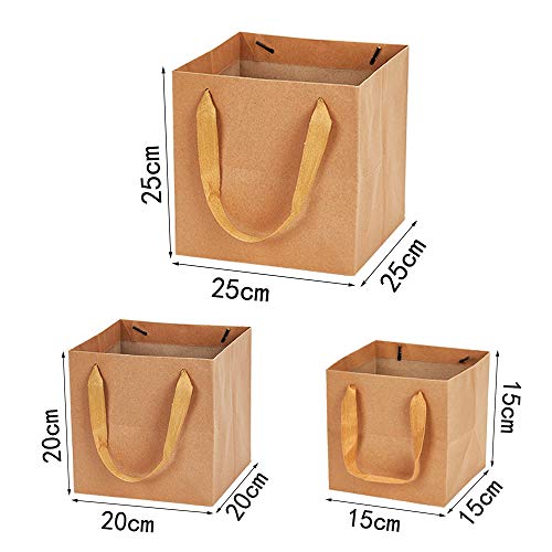 7.8inch Square Brown Kraft Paper Bags Flowers Gift Bags with Ribbon Handles,Pack of 12