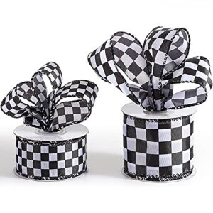 geosar 2 rolls black and white gingham checked ribbon buffalo plaid ribbon christmas wrapping ribbon for bows, wreath, wrapping and crafts (10 yard/roll)