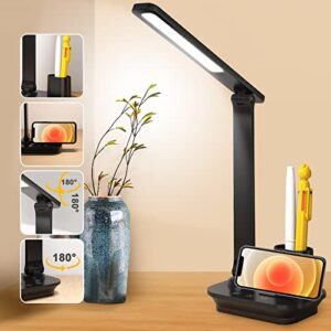 desk lamp desk light desk lamps for home office, led desk lamp with usb charging port, touch control small desk lamp with pen/ phone holder, 3 color modes foldable study reading lamp with 10 min timer