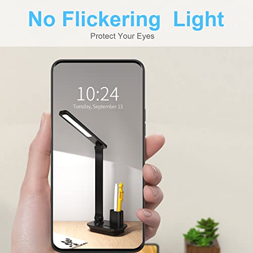 Desk Lamp Desk Light Desk Lamps for Home Office, LED Desk Lamp with USB Charging Port, Touch Control Small Desk Lamp with Pen/ Phone Holder, 3 Color Modes Foldable Study Reading Lamp with 10 Min Timer