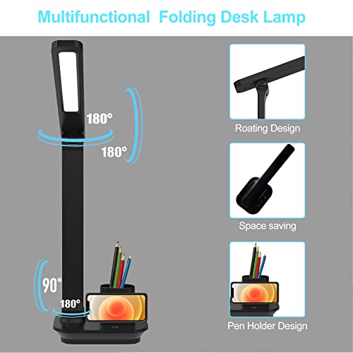 Desk Lamp Desk Light Desk Lamps for Home Office, LED Desk Lamp with USB Charging Port, Touch Control Small Desk Lamp with Pen/ Phone Holder, 3 Color Modes Foldable Study Reading Lamp with 10 Min Timer