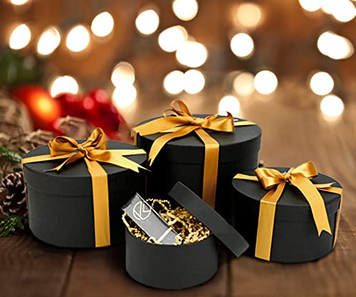 Bengnkes Round Gift Box Black Gift Boxes with Lids for Presents 4 Packs Luxury Nesting Gift Boxes Small with 17ft Ribbon for Bridesmaid Valentines Mother's day Graduation