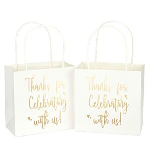 laribbons small size gift bags – gold foil thanks for celebrating with us white paper bags with handles for wedding, birthday, baby shower, party favors – 12 pack – 6.5″ x 3.5″ x 6.5″
