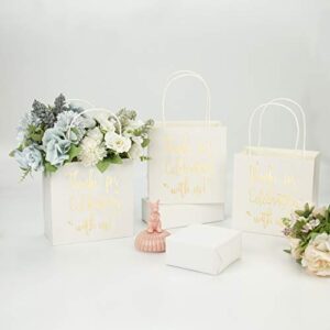 LaRibbons Small Size Gift Bags - Gold Foil Thanks for celebrating with us White Paper Bags with Handles for Wedding, Birthday, Baby Shower, Party Favors - 12 Pack - 6.5" x 3.5" x 6.5"