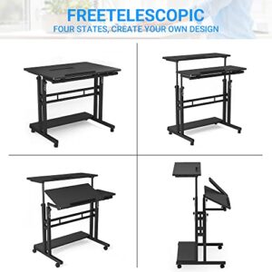 Panta Mobile Standing Desk, Adjustable Rolling Computer Desk with 3 Desktops, Portable Laptop Table with Desk Cup Holder, Home Office Laptop Workstation on Lockable Wheels, Black