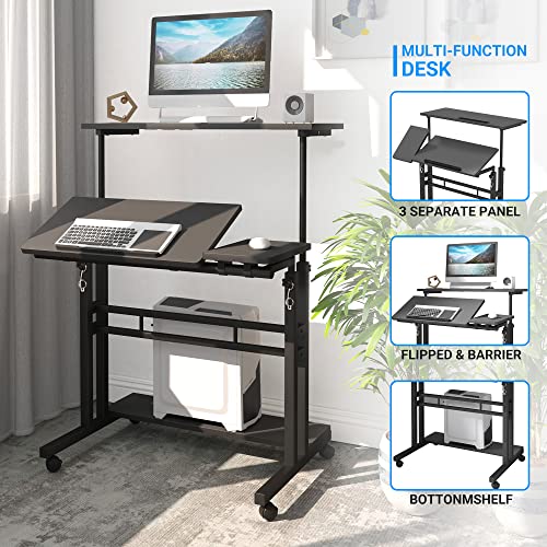 Panta Mobile Standing Desk, Adjustable Rolling Computer Desk with 3 Desktops, Portable Laptop Table with Desk Cup Holder, Home Office Laptop Workstation on Lockable Wheels, Black